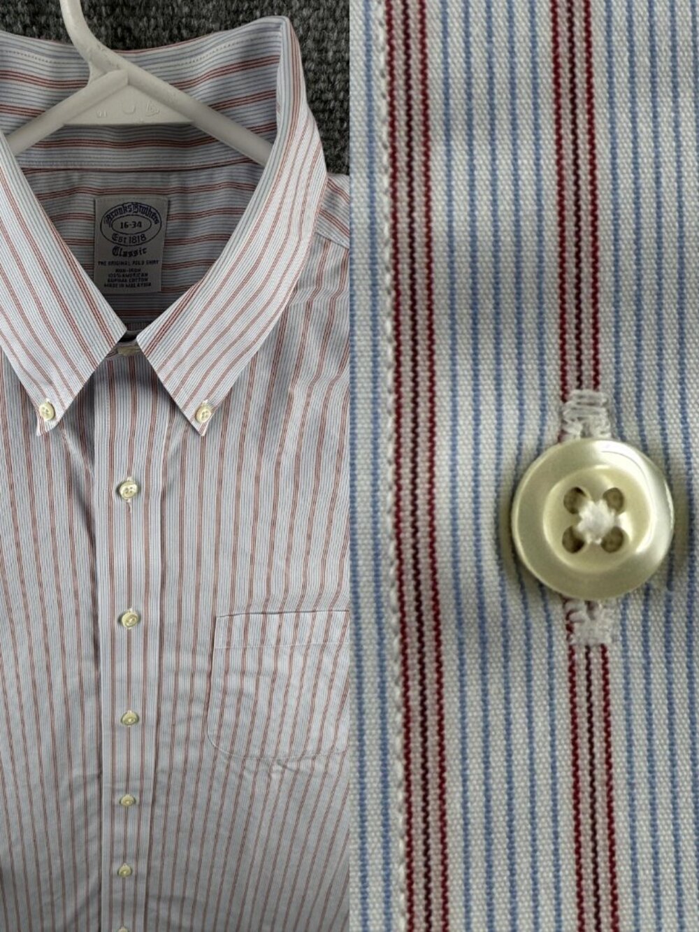 Brooks Brothers Blue Classic Button-Down Non-Iron Striped Cotton 16 34 Red Shirt